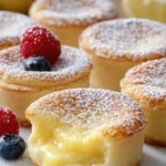 Mini lemon impossible pies with creamy custard center and powdered sugar on a plate