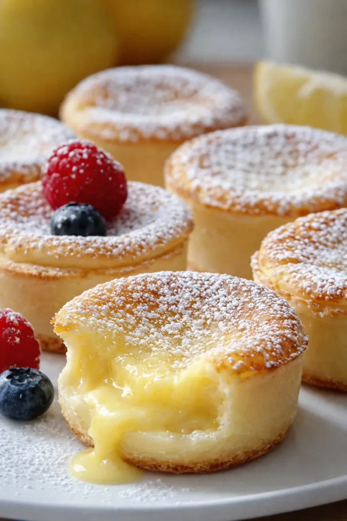 Mini lemon impossible pies with creamy custard center and powdered sugar on a plate