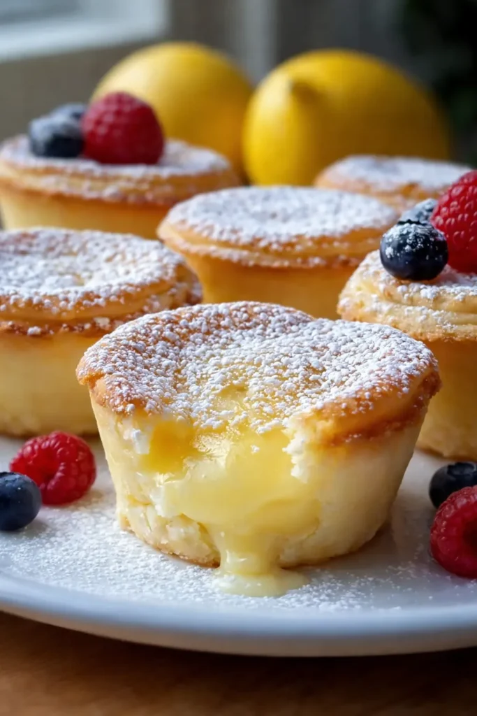 Lemon impossible pie mini custard desserts with creamy center and powdered sugar