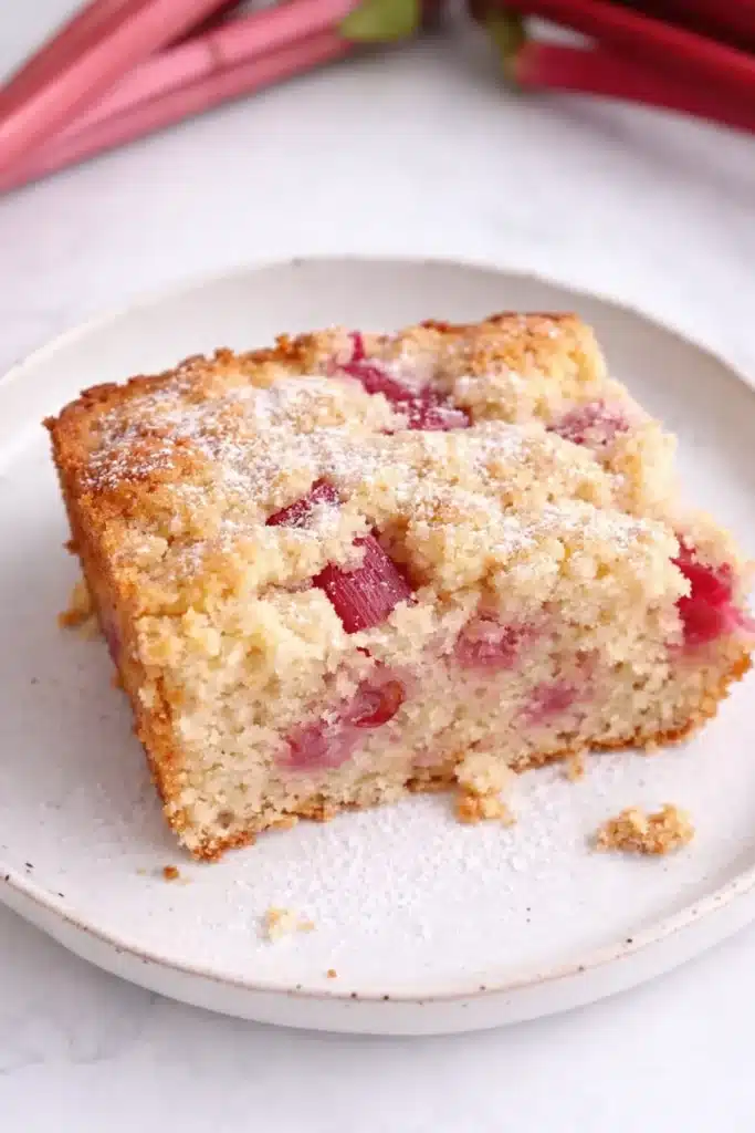 Moist rhubarb cake slice with powdered sugar and pink rhubarb pieces