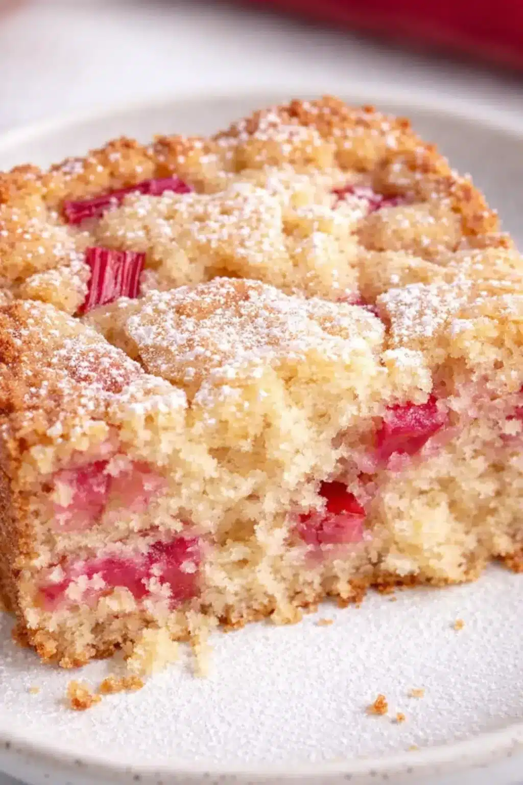 Moist rhubarb cake slice with powdered sugar and tender pink rhubarb pieces