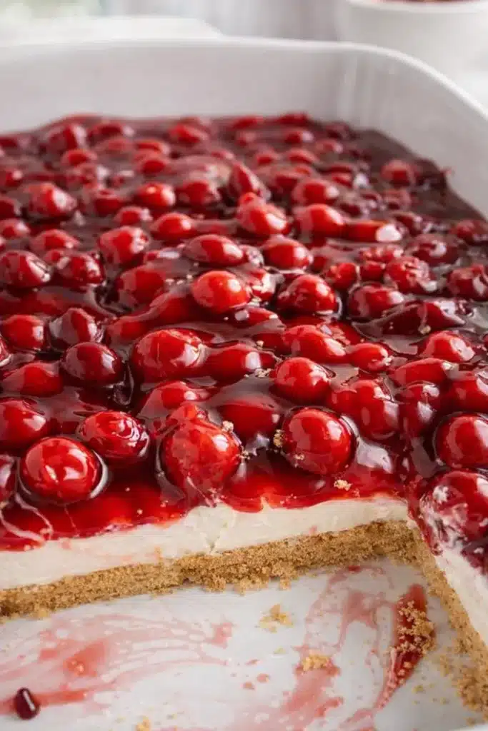 no bake cherry delight in baking dish with creamy cheesecake layer and cherry topping