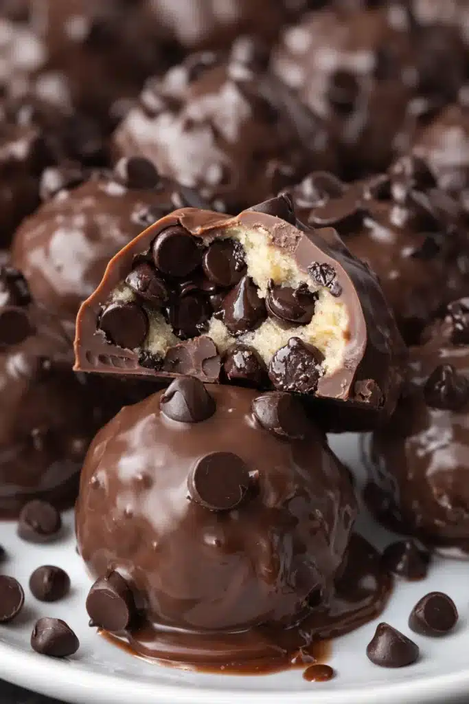 Chocolate covered no-bake cookie dough bites with mini chocolate chips and creamy cookie dough center