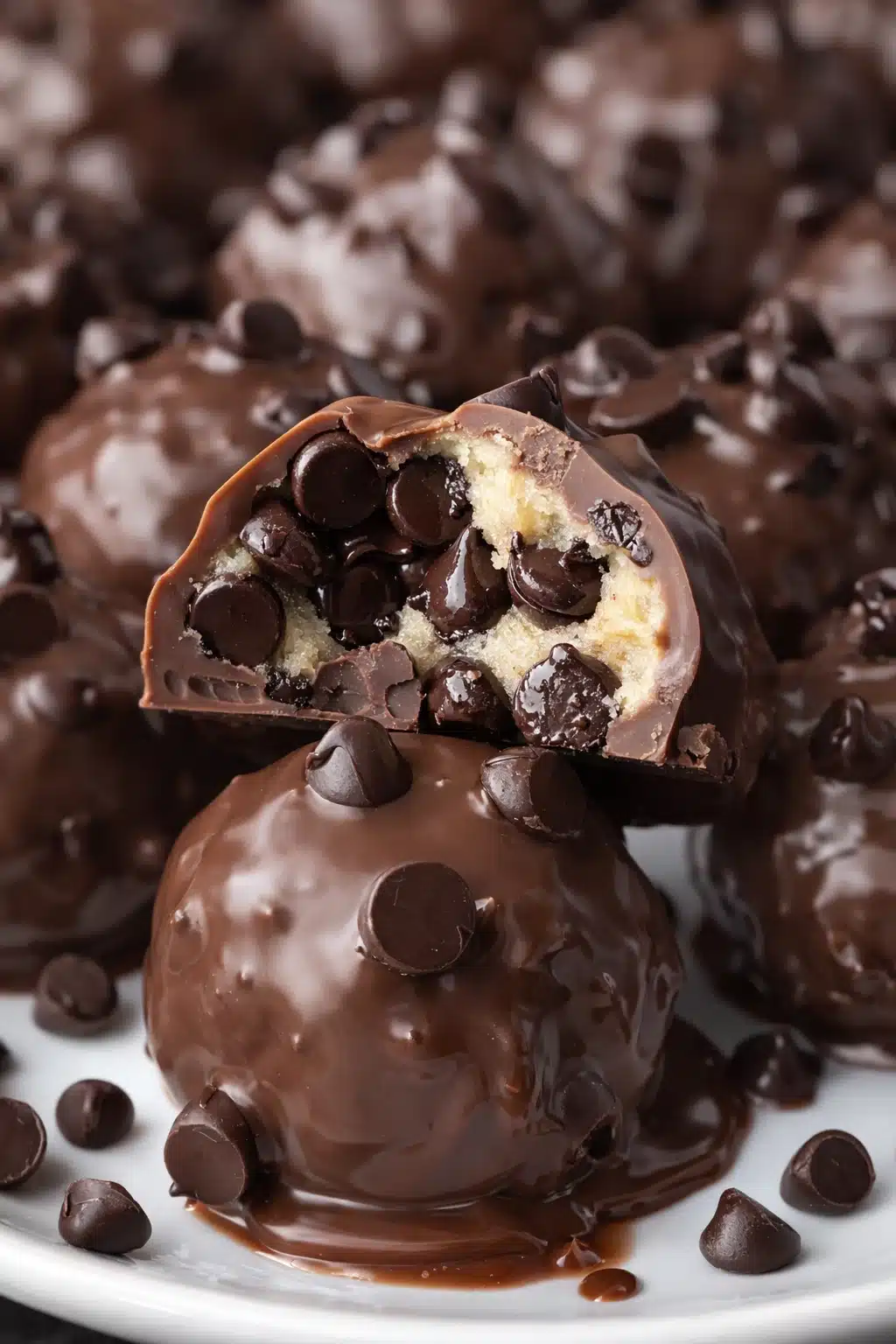 Chocolate covered no-bake cookie dough bites with mini chocolate chips and creamy cookie dough center