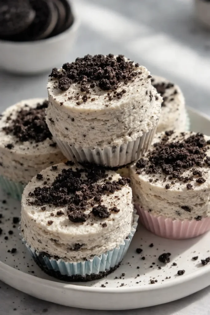 No Bake Oreo Cheesecake Bites topped with crushed Oreo cookies on a plate