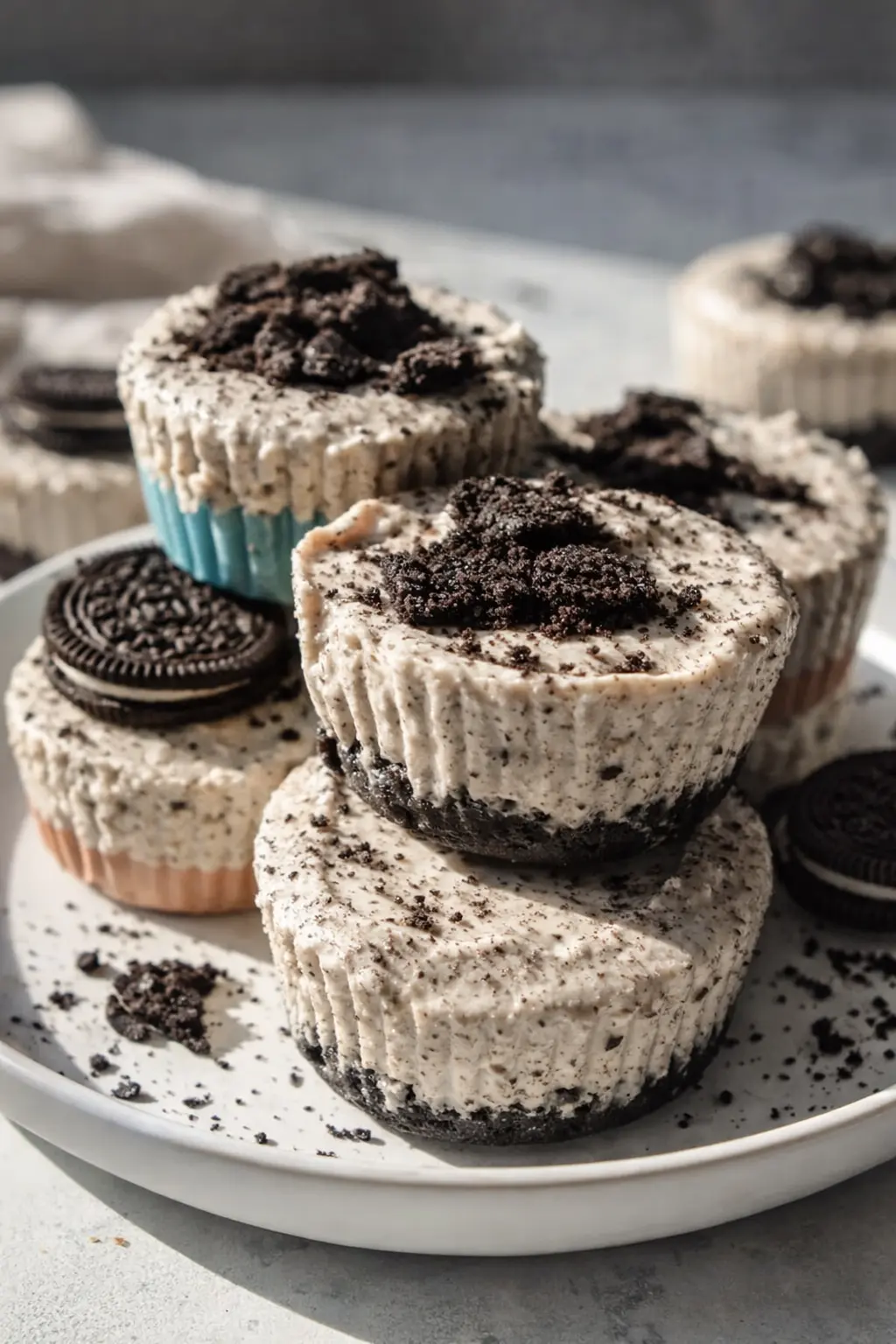 No bake Oreo cheesecake bites with chocolate cookie crust and creamy cookies and cream filling
