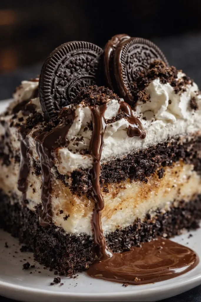 Oreo dump cake slice with whipped cream topping and chocolate drizzle
