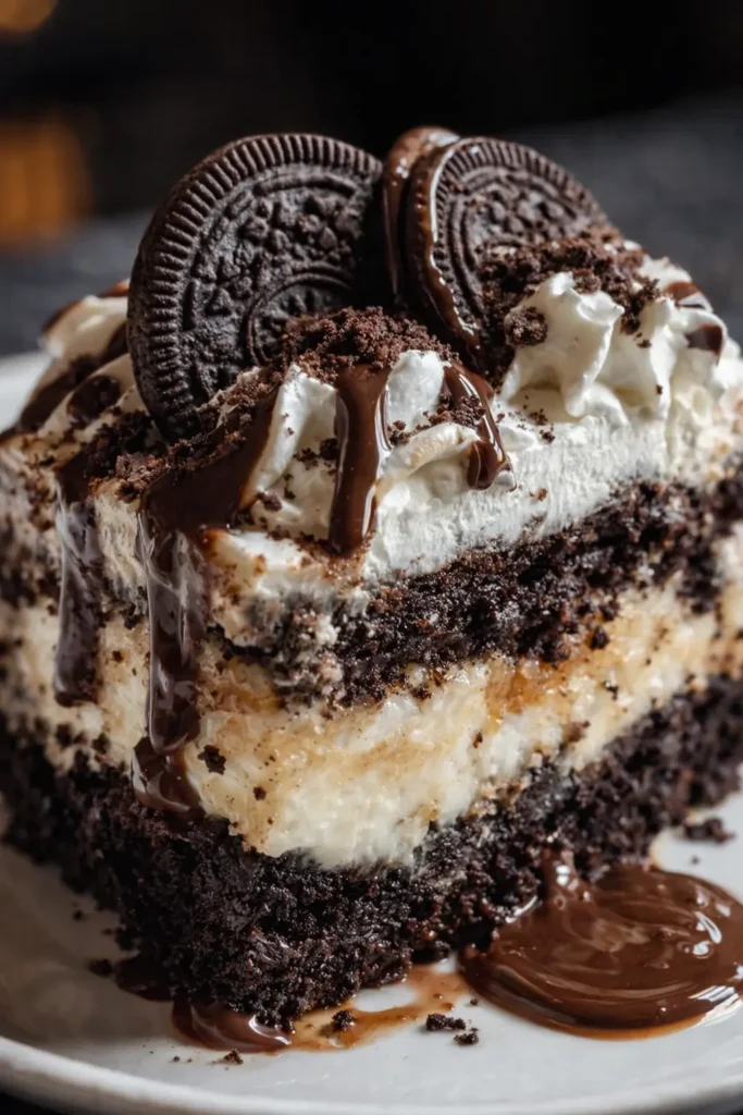 Oreo dump cake slice with whipped cream topping and chocolate drizzle