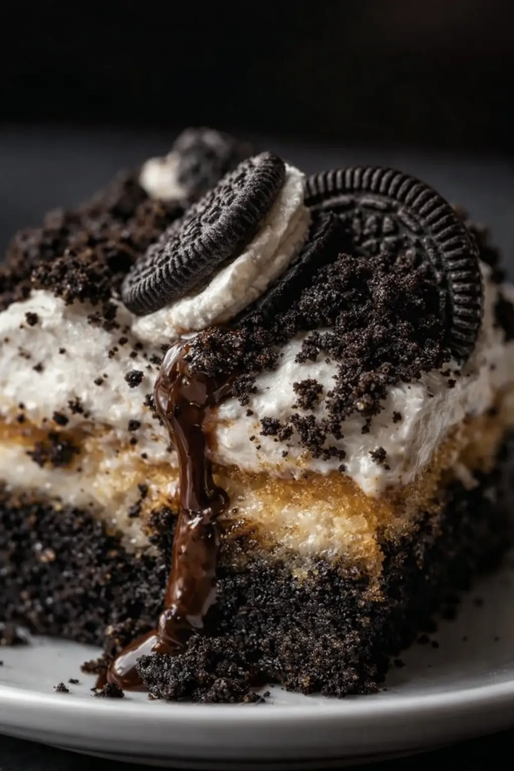 Oreo dump cake slice with whipped cream, chocolate drizzle, and Oreo cookies on top