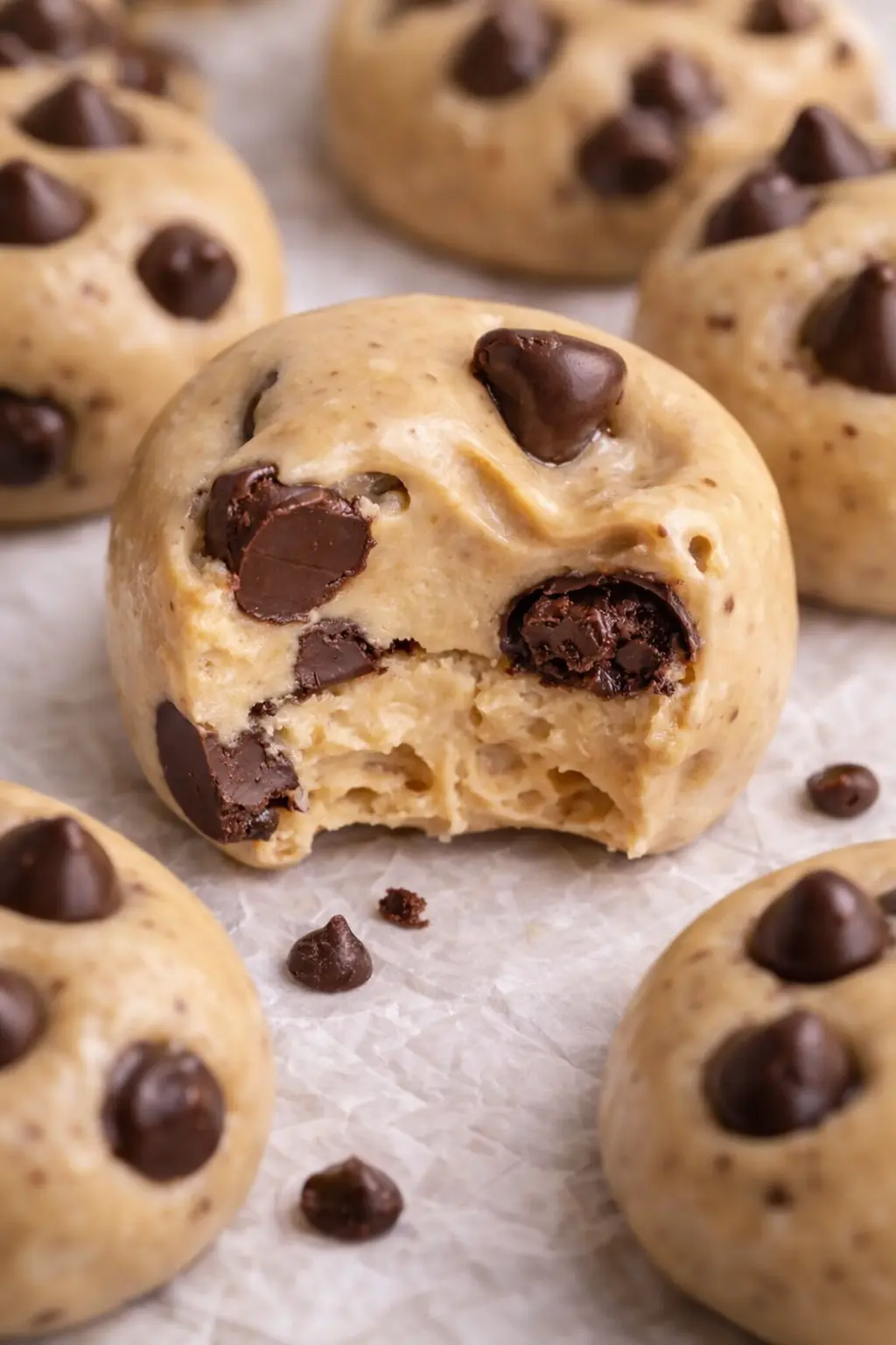 home 8 Chocolate chip peanut butter cookie dough bites with creamy texture and chocolate chunks