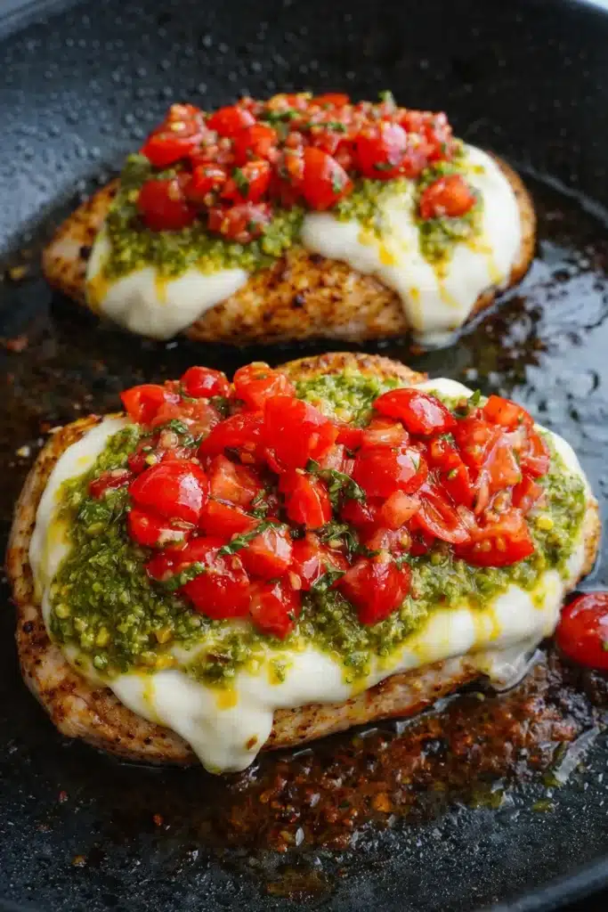 pesto bruschetta chicken with mozzarella pesto and tomato topping