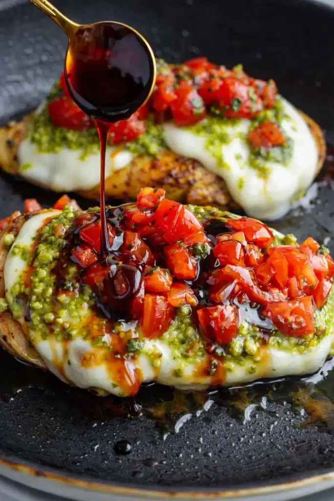 Pesto bruschetta chicken with mozzarella, basil pesto, tomatoes and balsamic glaze