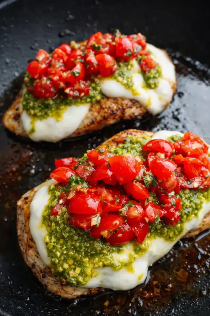 pesto bruschetta chicken with mozzarella pesto and fresh tomato topping