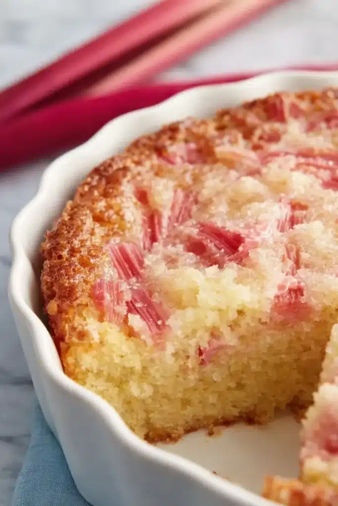 Rhubarb Cake with Cake Mix | Amazing Easy Dessert 4 Rhubarb cake in a white baking dish with a soft crumb and golden top