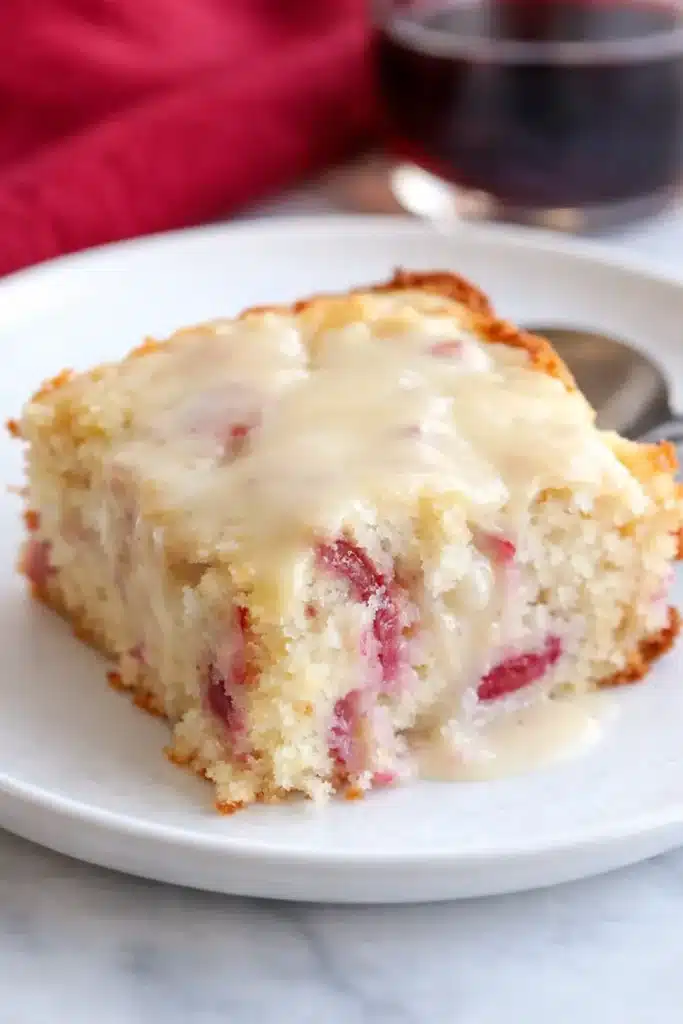Slice of rhubarb cake with butter sauce topped with creamy vanilla sauce on a plate