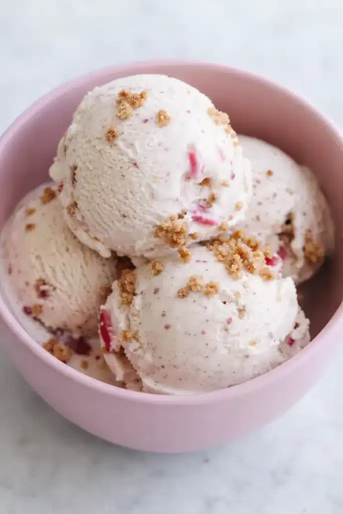 Rhubarb crumble ice cream scoops in a pink bowl with crunchy crumble topping