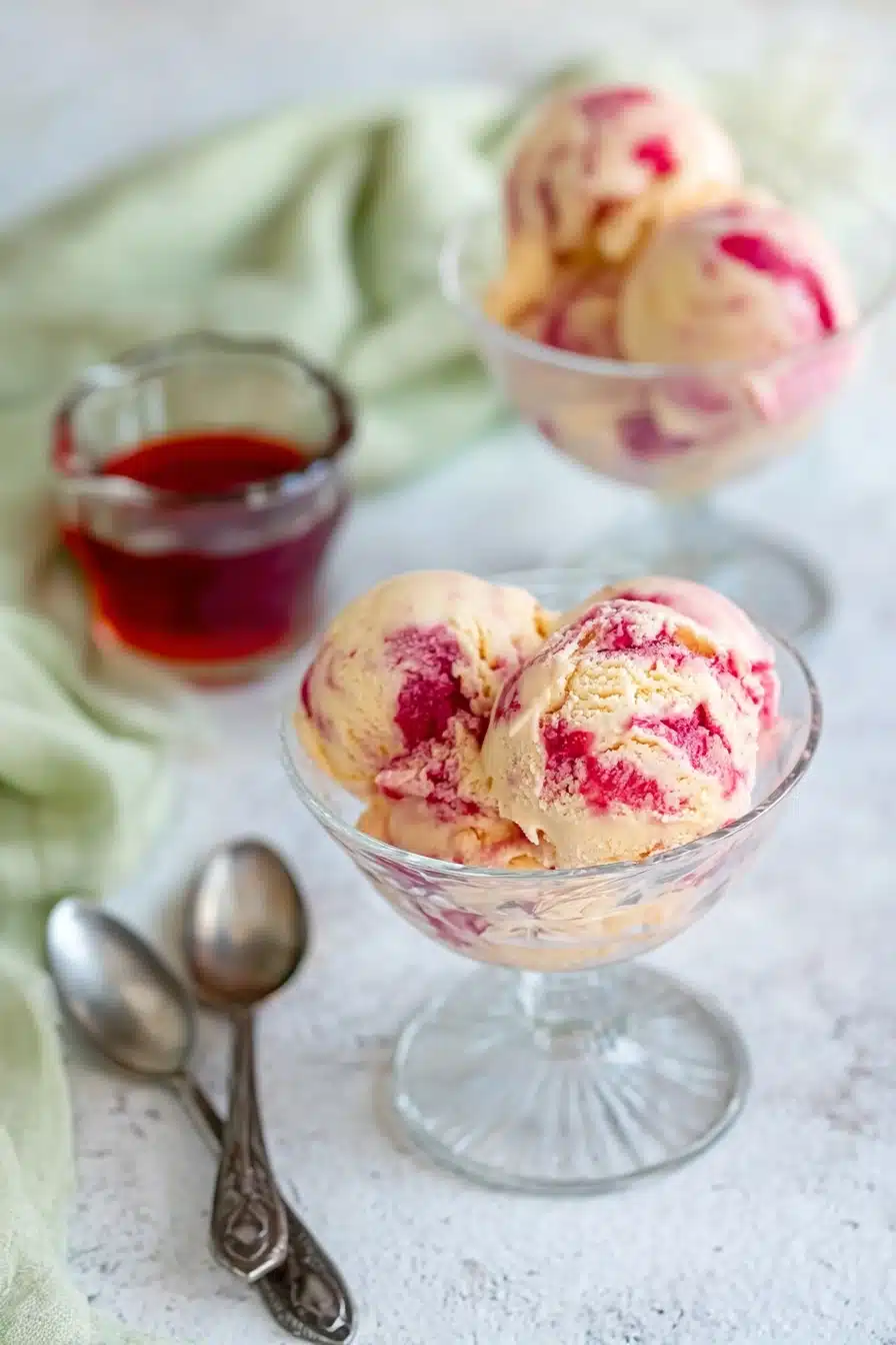 Rhubarb ice cream in glass bowls with pink fruit swirls on a soft spring dessert background