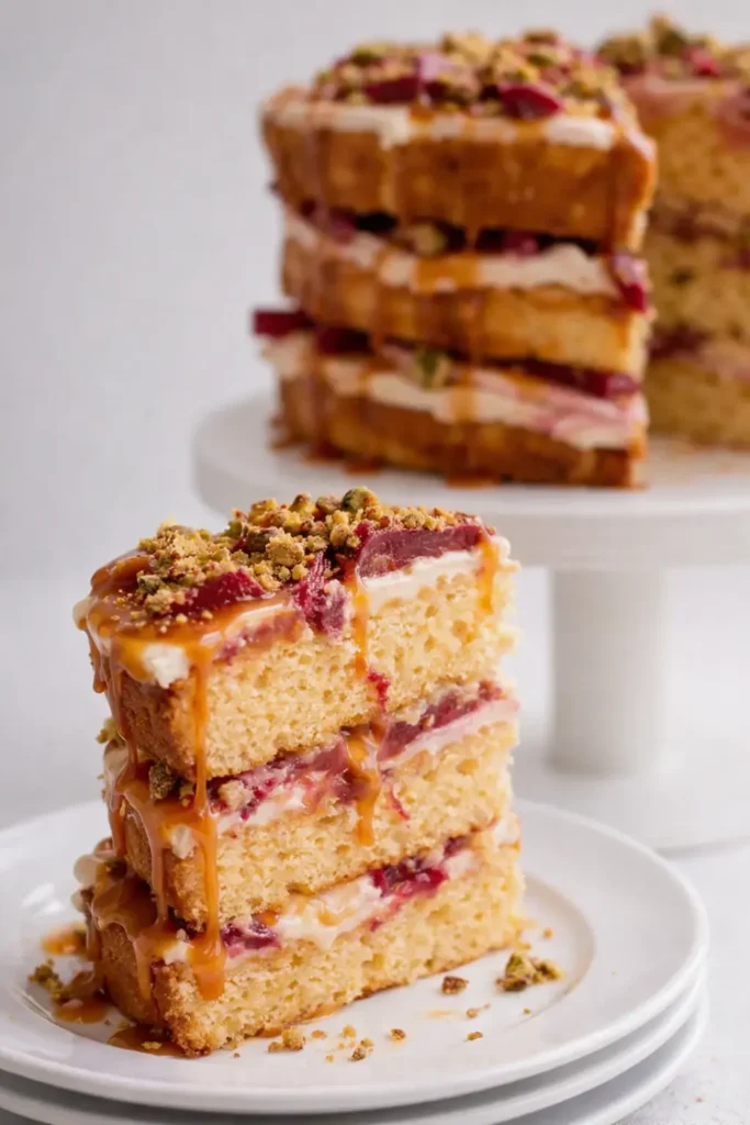 Rhubarb Pistachio Salted Caramel Layer Cake slice with caramel drizzle and pistachio topping