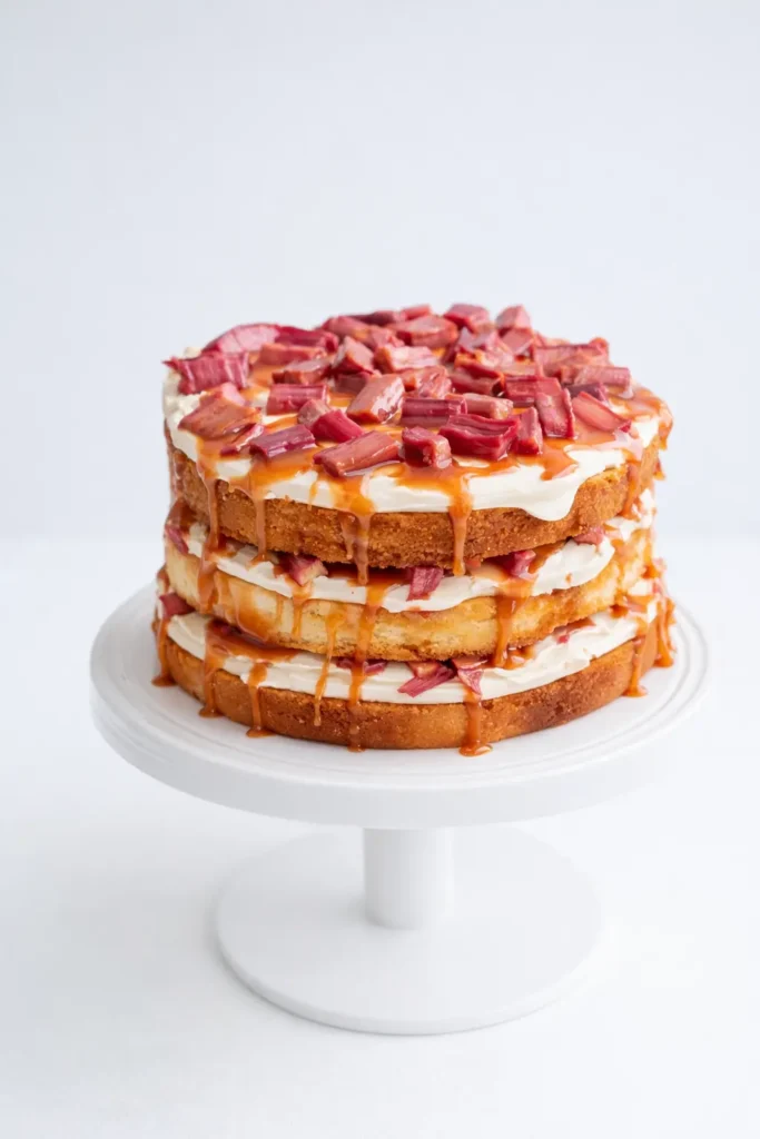Rhubarb Pistachio Salted Caramel Layer Cake with caramel drizzle and rhubarb topping