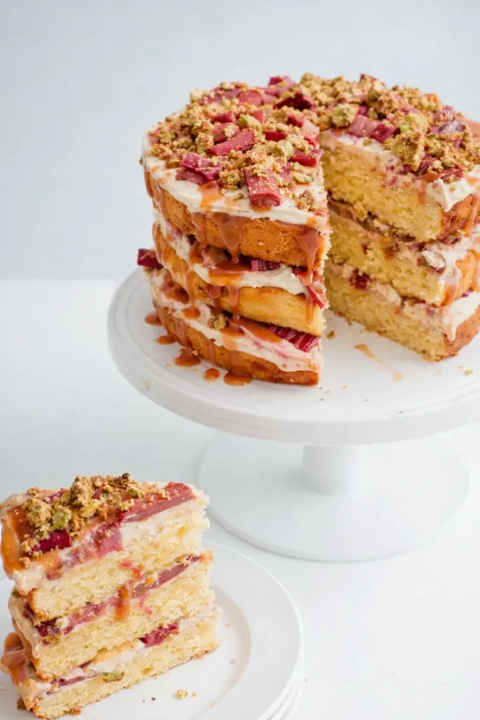 Rhubarb pistachio salted caramel layer cake with moist layers and creamy frosting