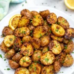 Crispy Air Fryer Potatoes Easy Amazing Side 7 Crispy roasted baby potatoes with lemon and parsley on a ceramic plate