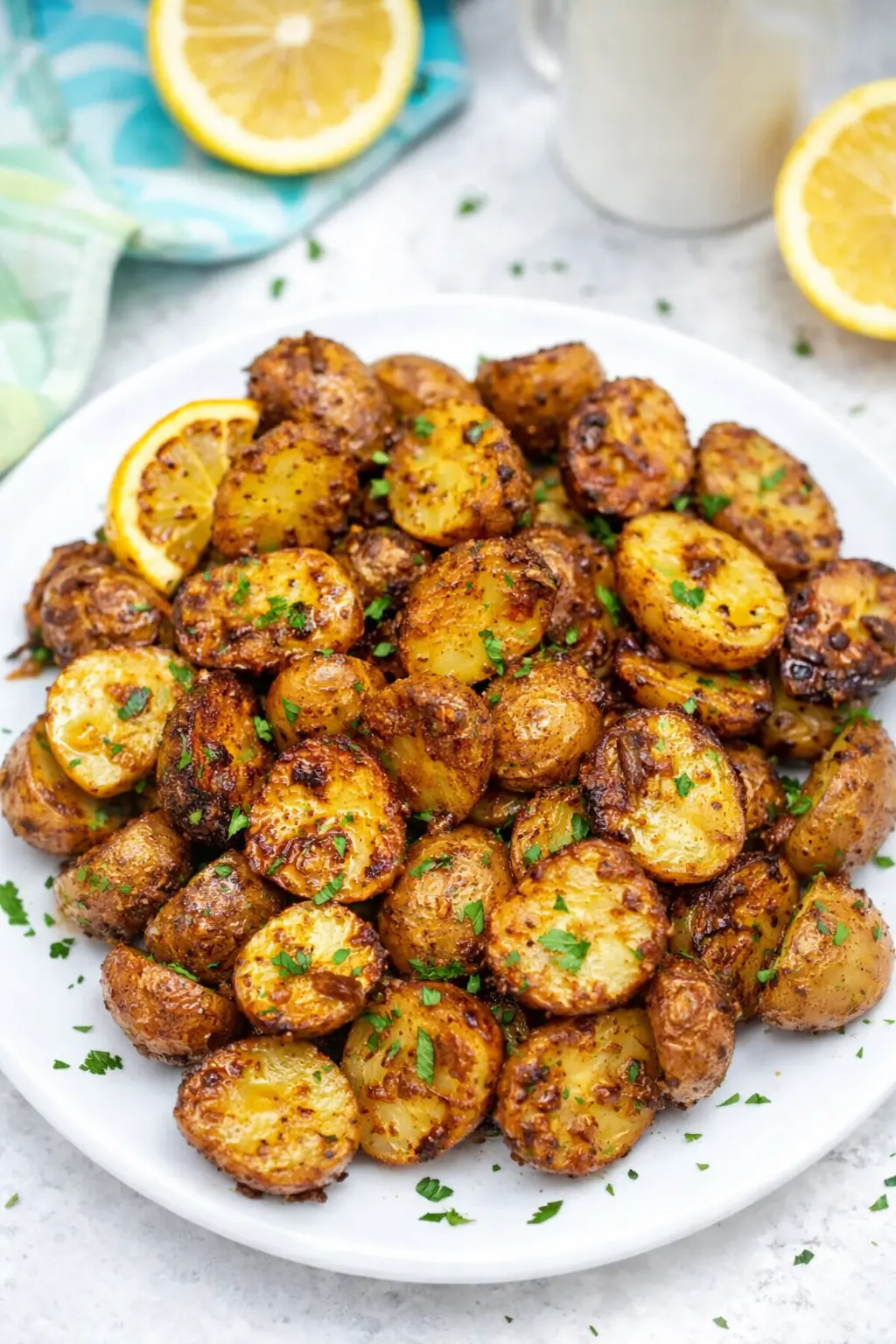 Crispy roasted baby potatoes with lemon and parsley on a ceramic plate
