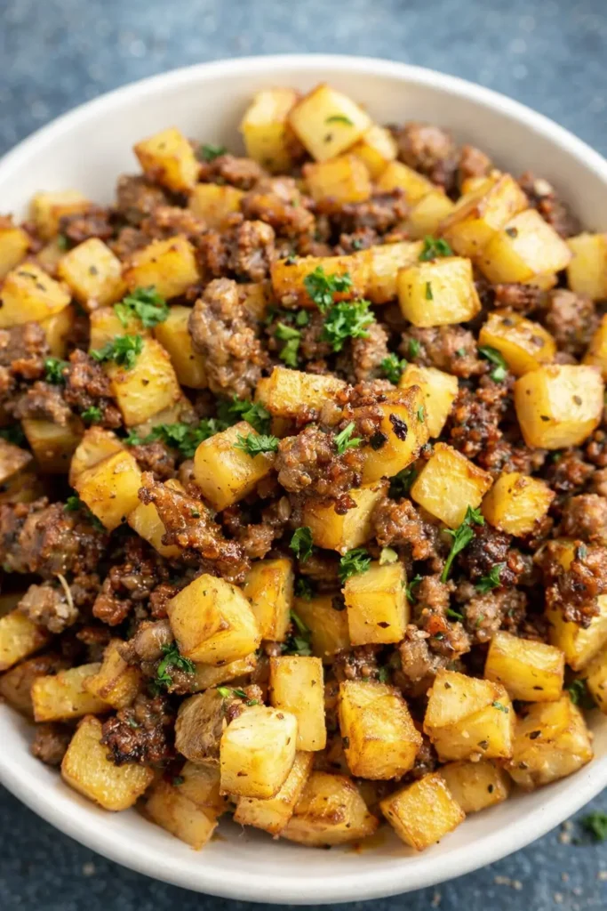 Sausage and Potatoes Breakfast Hash | Easy Hearty Favorite 6 Sausage and potatoes breakfast hash in a bowl with crispy potatoes and browned sausage
