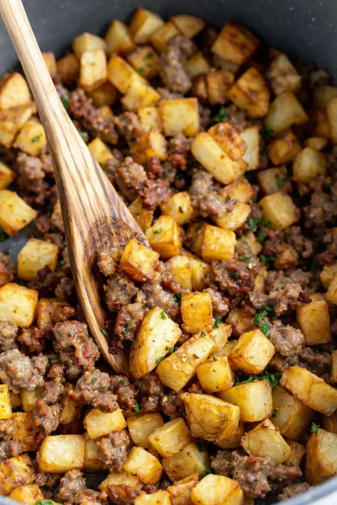 Sausage and Potatoes Breakfast Hash | Easy Hearty Favorite 5 Sausage and potatoes breakfast hash cooking in a skillet with a wooden spoon