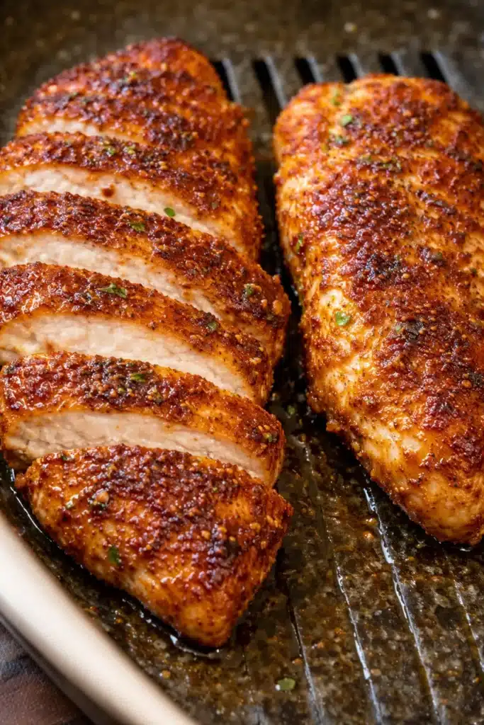 Crispy sliced air fryer chicken breast with paprika seasoning on a dark plate