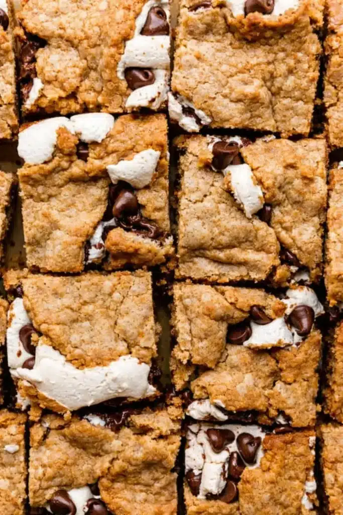 S’mores cookie bars with gooey marshmallow and melted chocolate chips