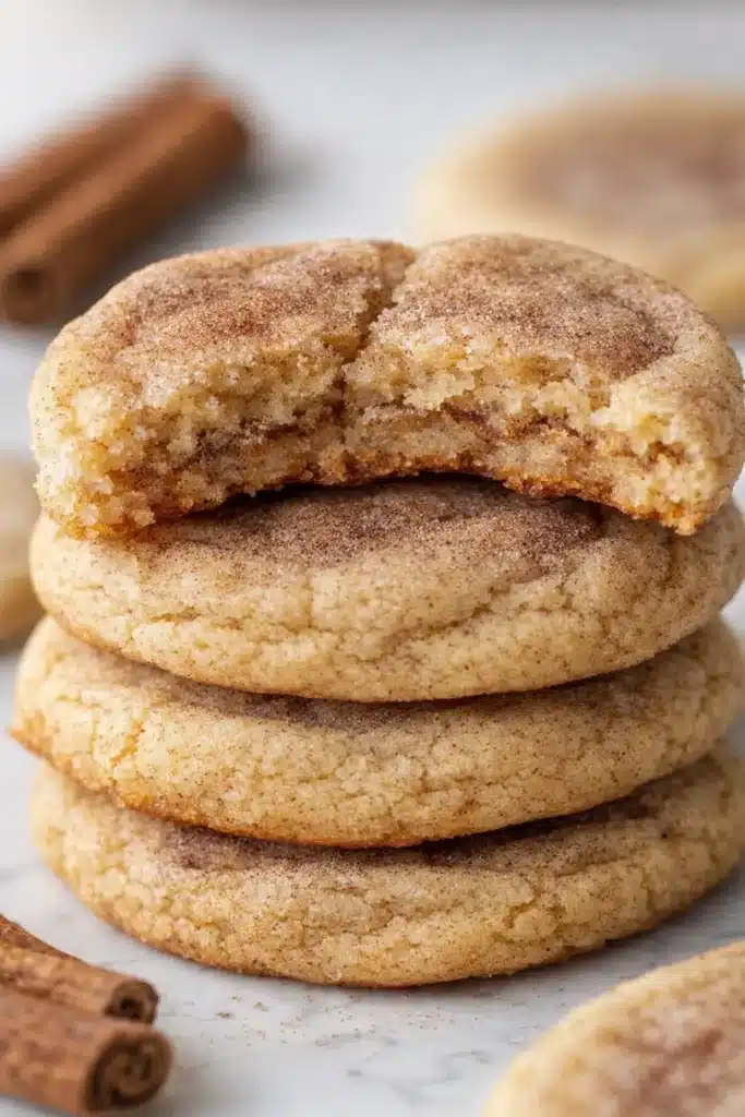 Cinnamon Roll Sugar Cookies stacked with soft cinnamon swirl center