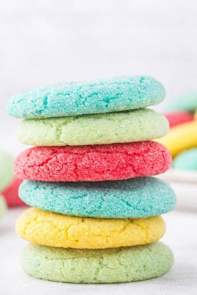Stack of colorful Jello cookies with sugar coating and soft chewy texture