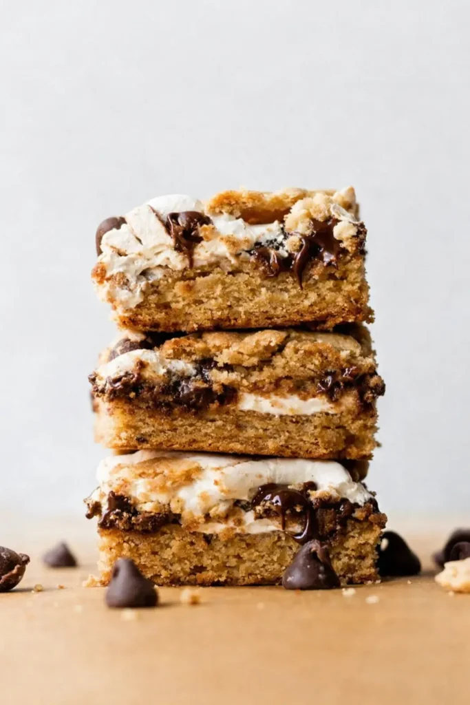 Stacked s’mores cookie bars with marshmallow and melted chocolate