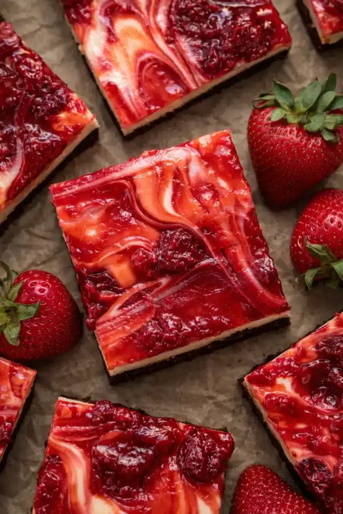 Strawberry Cheesecake Brownies with glossy strawberry swirl and fudgy base