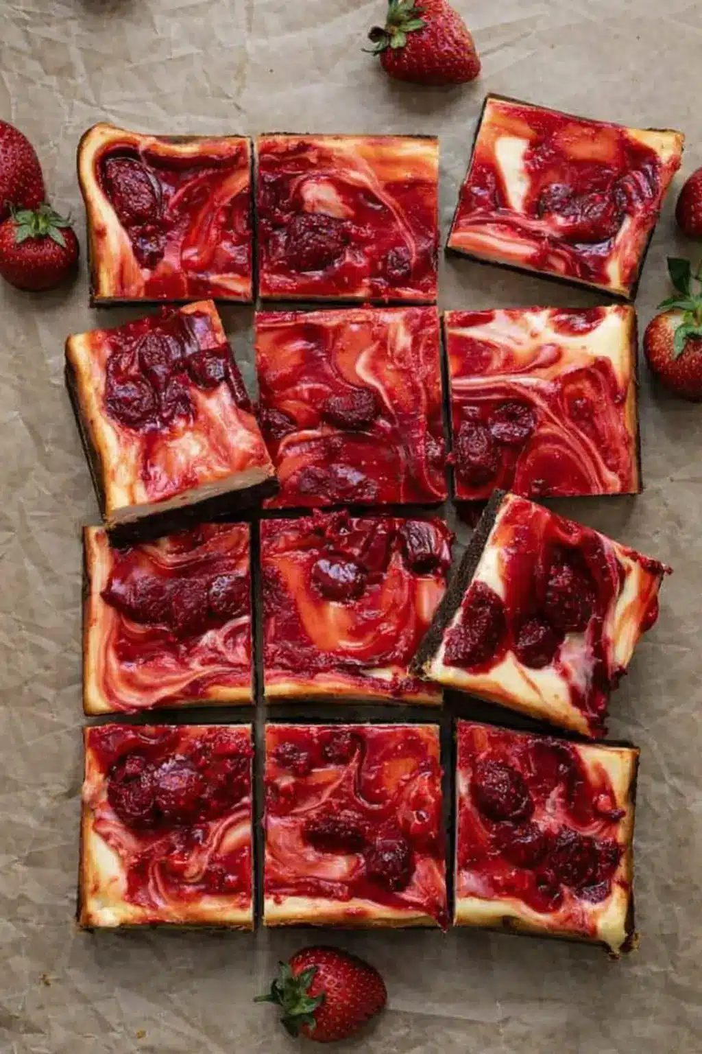 Strawberry cheesecake brownies with glossy fruit swirl and fudgy chocolate base