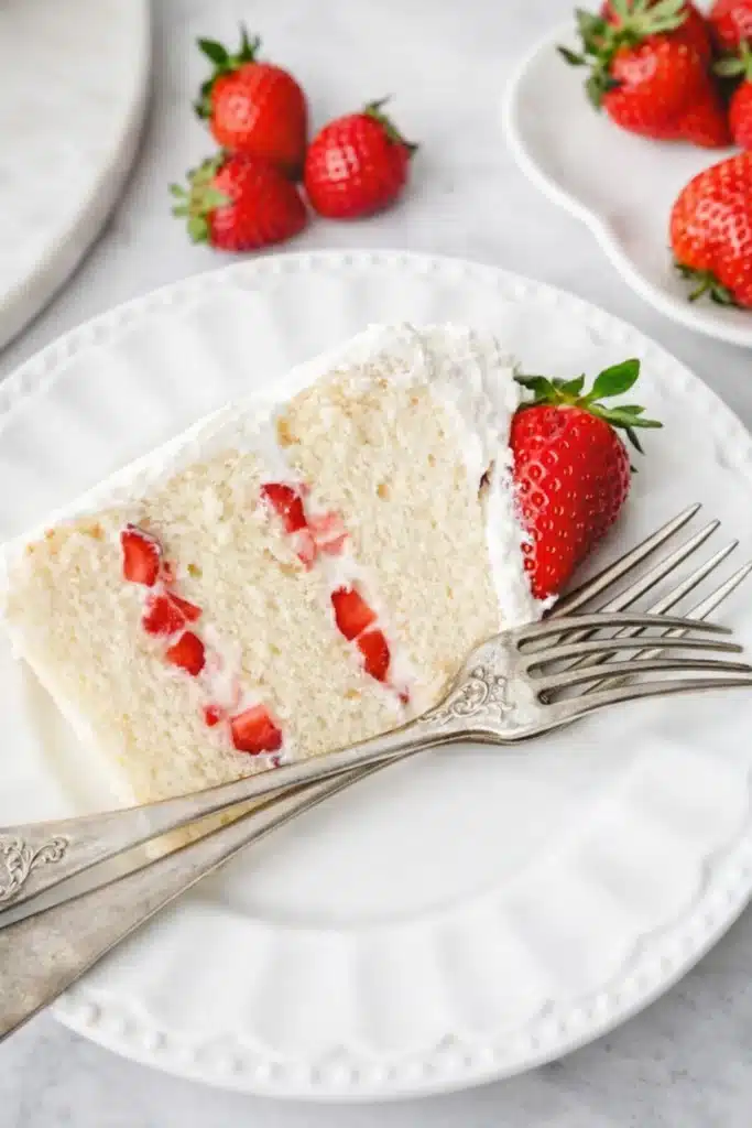 Slice of strawberry cream cake with fresh strawberries and whipped cream filling