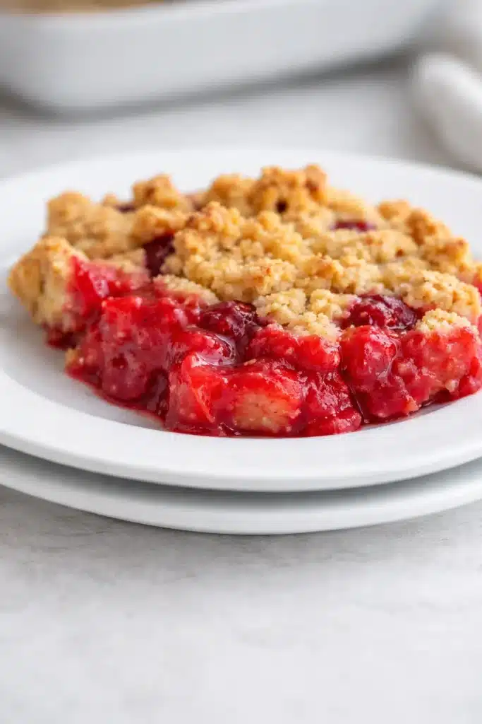 Strawberry crumble served on a white plate