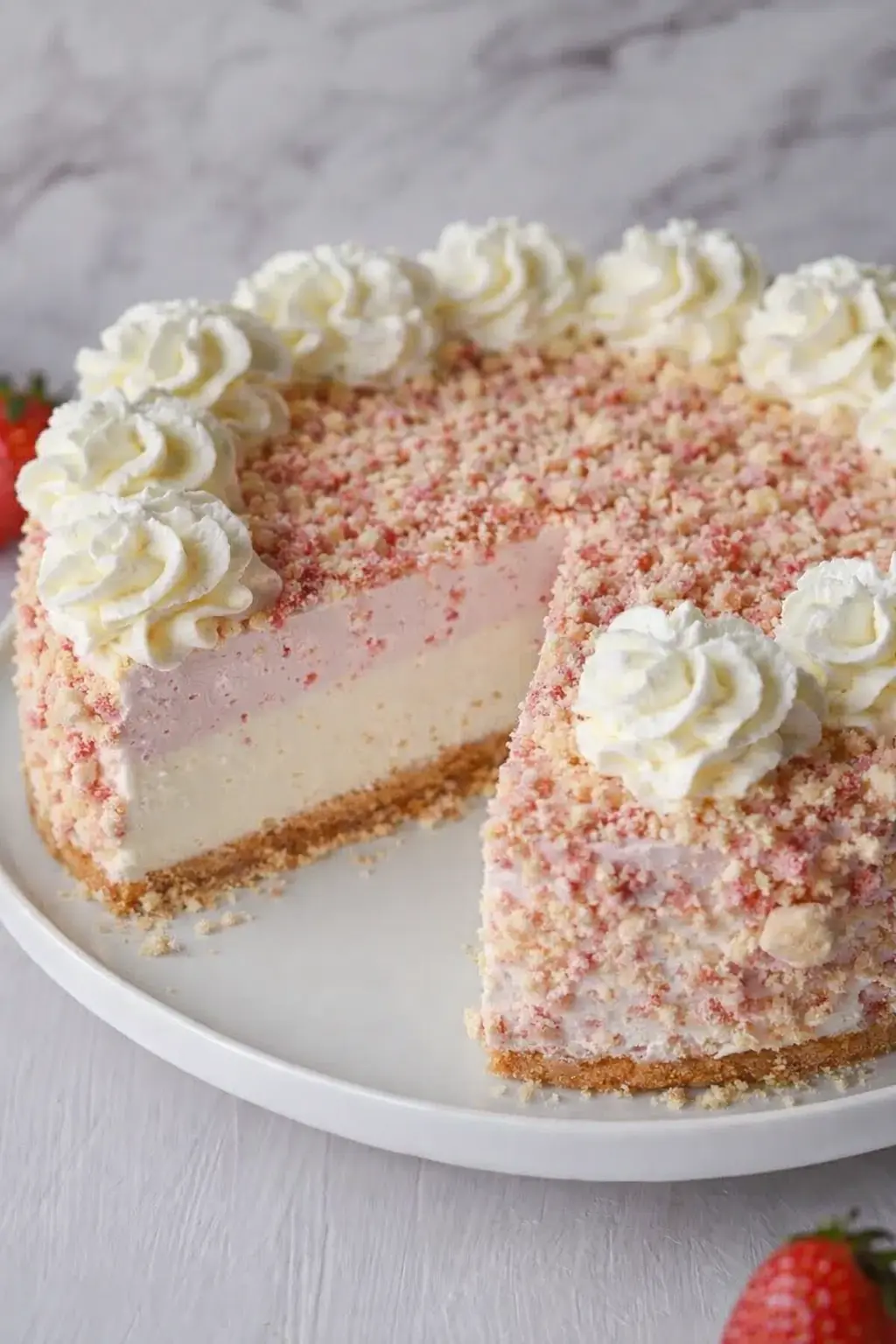 home 8 Strawberry crunch cheesecake with whipped cream and crumb topping on cake stand