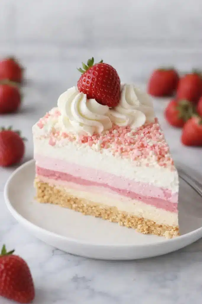 Strawberry Crunch Cheesecake Amazing Easy Treat 6 Strawberry Crunch Cheesecake slice with whipped cream and fresh strawberry
