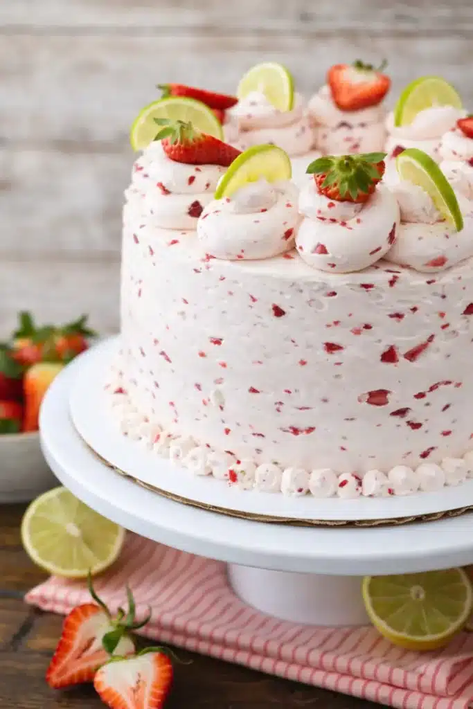strawberry margarita layer cake with strawberry buttercream and lime wedges