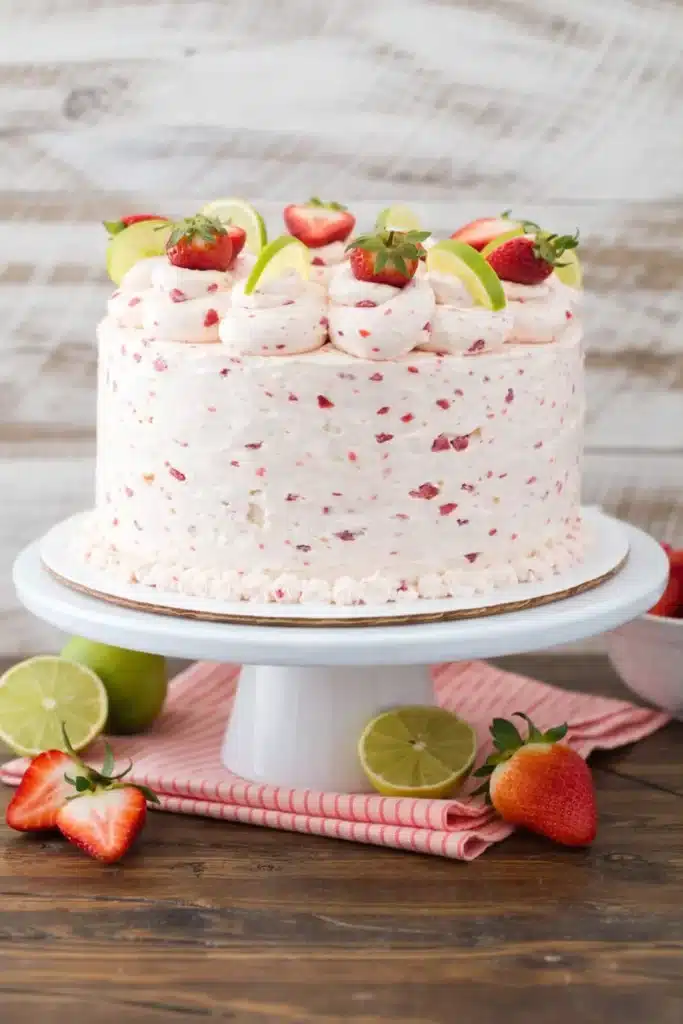 Strawberry margarita layer cake with lime wedges and fresh strawberries on a cake stand