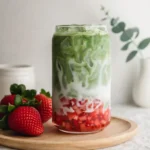 Strawberry Matcha Latte Easy Amazing Summer Drink 5 Layered strawberry matcha latte with milk and fresh strawberries in a glass