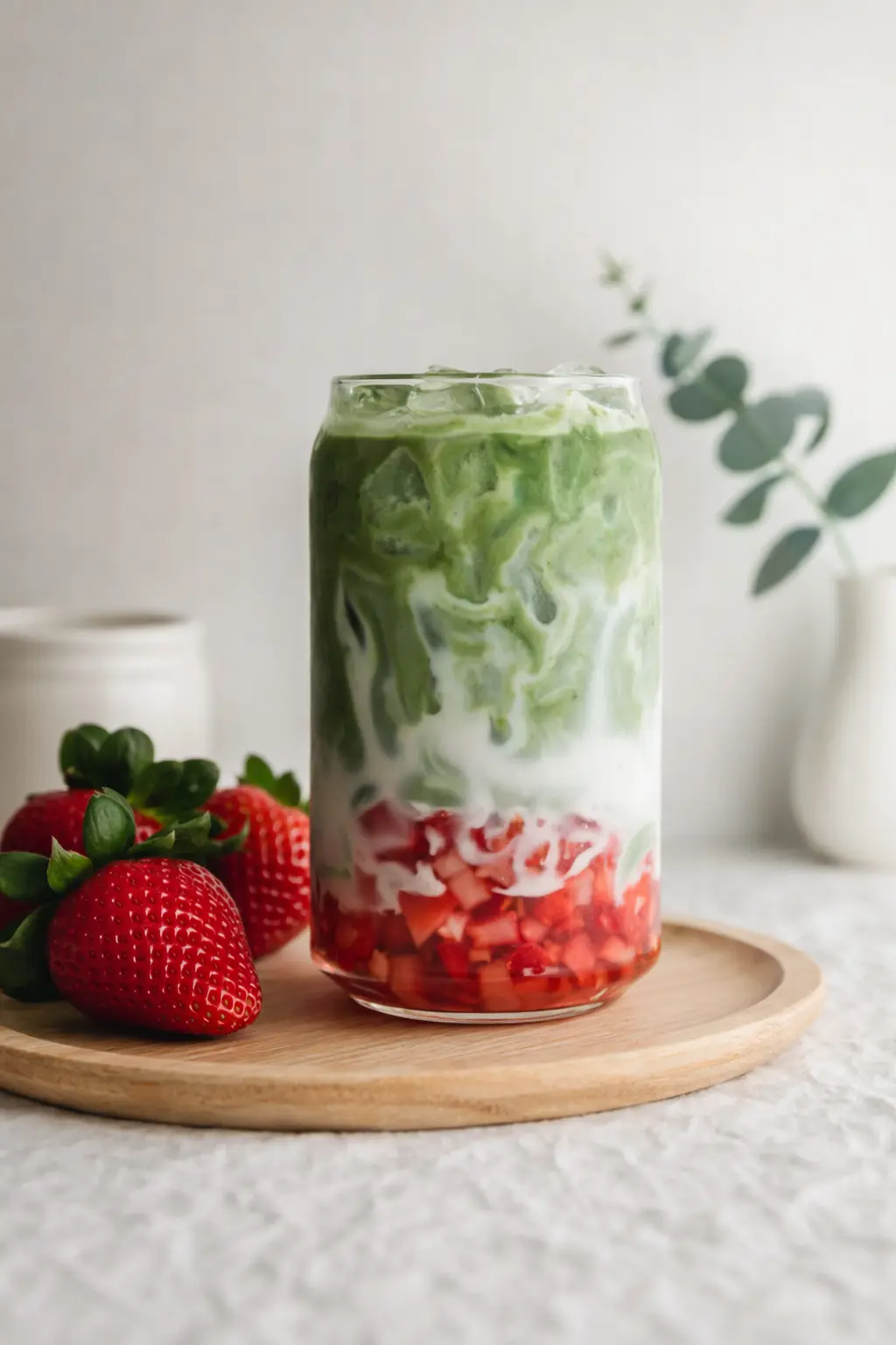 Layered strawberry matcha latte with milk and fresh strawberries in a glass