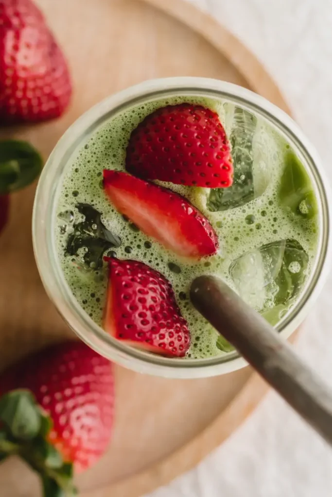 Strawberry Matcha Latte Easy Amazing Summer Drink 4 Top view of strawberry matcha latte with fresh strawberries and ice