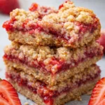 Stacked strawberry oatmeal bars with crumbly topping and juicy strawberry filling