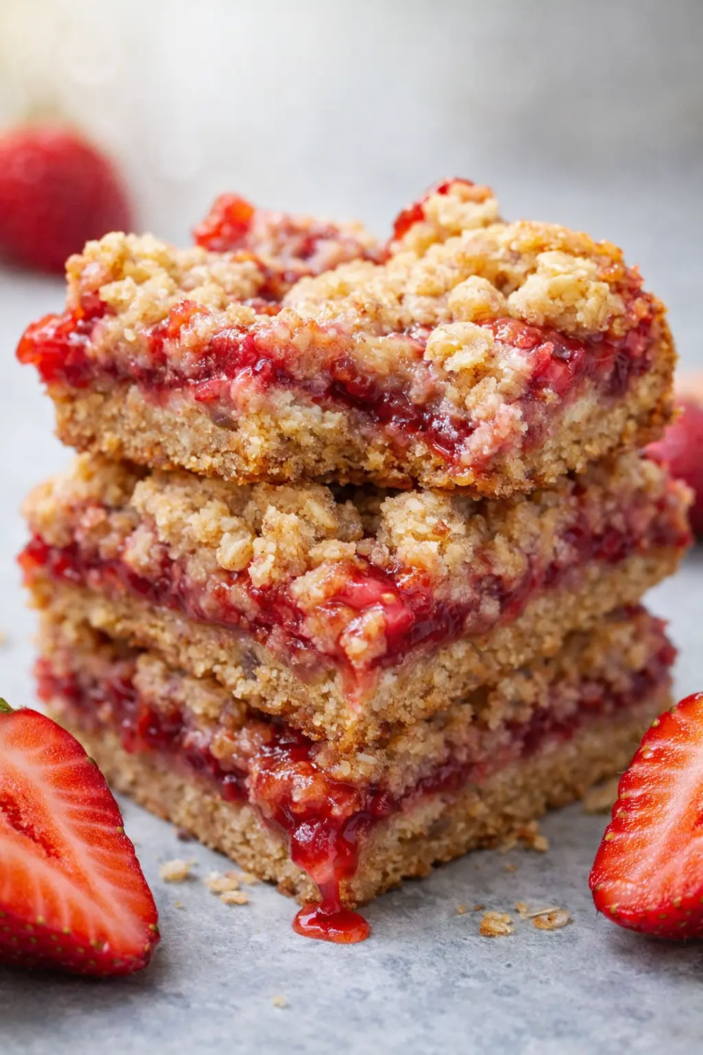 Stacked strawberry oatmeal bars with crumbly topping and juicy strawberry filling