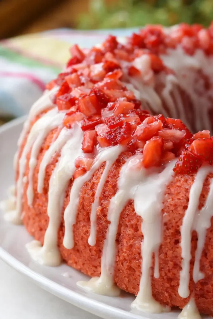 Strawberry Pound Cake – Moist & Easy Recipe 5 Close-up Strawberry Pound Cake with white glaze and fresh strawberries