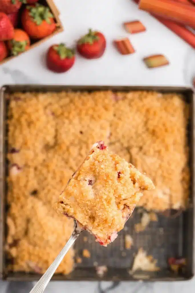 Strawberry Rhubarb Cake Recipe That Feels Amazing 4 Overhead strawberry rhubarb cake slice with crumb topping in baking pan