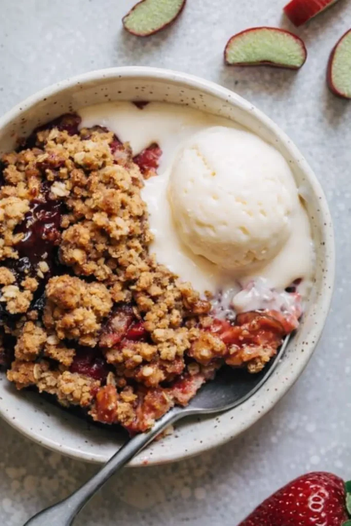Strawberry Rhubarb Crisp Easy Amazing Sweet Tart Treat 4 Strawberry Rhubarb Crisp with oat topping and melting vanilla ice cream in bowl
