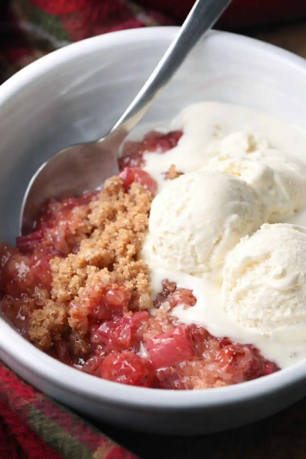 Strawberry rhubarb crumble with vanilla ice cream in a white bowl
